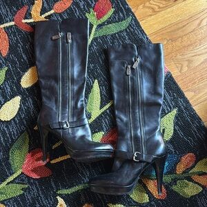Guess tall leather black zip platform boots